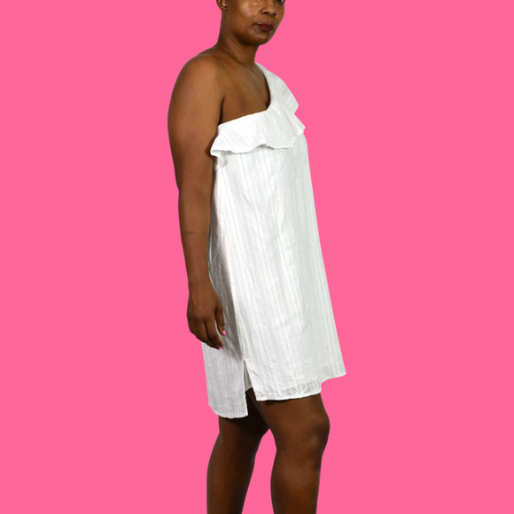 Cloth Stone One Shoulder Dress White Mini Shift Ruffle Textured Cotton Medium - Picture 3 of 14